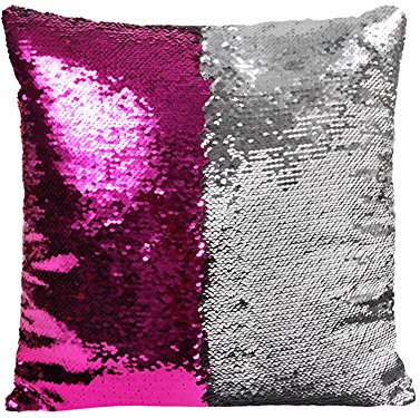 foolonli Pailletten Kissen Glitzer Pillowcase Dekokissen Sofakissen Magenta Silber 40 x 40 cm