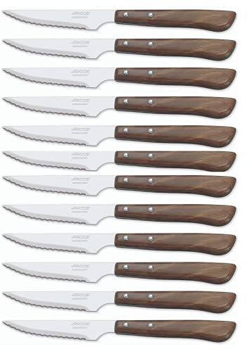 Arcos Cuchillos de Mesa Caja de 12 uds Cuchillo Chuletero Cuchillo de Mesa, Hoja de Acero Inoxidable NITRUM 105 mm, Mango de Nylon, Color Marrón (12 uds)