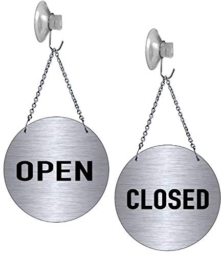 Open-Closed-Geöffnet-Geschlossen-Edelstahl-Wendeschild-Infoschild-Hängeschild-Schild-130 mm Ø-Mit Kettchen + Sauger-139-1