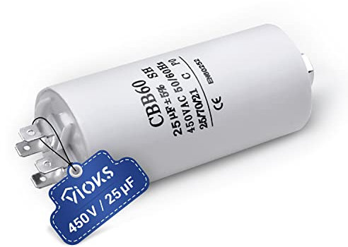 VIOKS Anlaufkondensator CBB60 Kondensator 25µF 450V - Motorkondensator Led Entstörkondensator Universal mit 6,3mm AMP Steckfahnen und Befestigungsschraube M8 für elektrische Hausgeräte