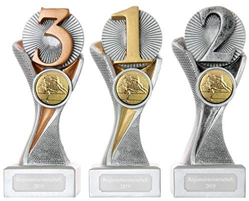 Pokal Set je 1x Zahl 1, 2, und 3 mit Gravur und Emblem Ihrer Wahl Serie METZ 3er Set je 1 x Gold Silber Bronze