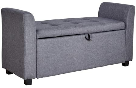 Home Source Storage Ottoman Window Seat, Fabric Footstool Bench, Lift Up Lid Chest, Bedding Blanket Toy Box, 120cm, Dark Grey Linen