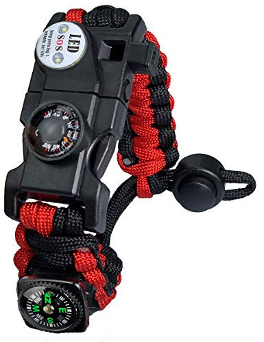 Paracord Survival Armband Kit für Herren Damen, Survival Armband mit Feuerstein + Kompass + Thermometer + Pfeife + Schirmseil + LED-Leuchte + Multi-Werkzeug + Kartenleser, zum Outdoor-Aktivitäten