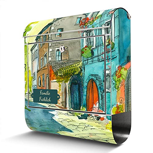 banjado® Briefkasten Edelstahl personalisiert Motiv Historischer Stadtkern 38x43x12cm & 2 Schlüssel - rostfreier Edelstahl Briefkasten mit Zeitungsfach - Postkasten A4 Einwurf inkl. Montagematerial
