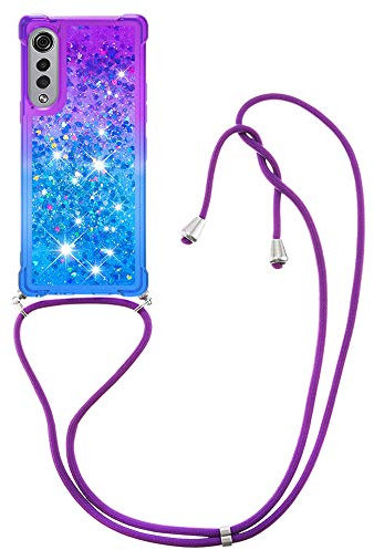 YMCASE Handykette Hülle für LG Velvet 4G /5G /LG G9, Smartphone Necklace Glitzer Transparent Silikonhülle mit Band - Handyhülle Case mit Stylische Kette zum umhängen, Lila und Blau