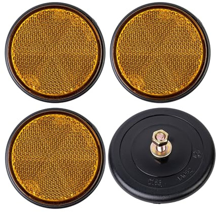 Runde Reflektoren zum Anschrauben, 4 Pack, Orange mit schwarzem Rand, Ø 59 mm Durchmesser, mit E-Prüfzeichen, inkl. Gewinde + Muttern, Sicherheitsreflektor Anhänger, Wohnwagen, Katzenauge rechts links