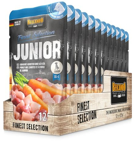 BELCANDO Junior [12 x 125g Huhn mit Karotten] |Nassfutter für Hunde | Alleinfutter im EInzelportionsbeutel für Hunde
