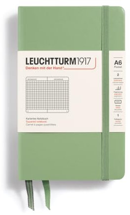LEUCHTTURM1917 363942 Notizbuch Pocket (A6), Hardcover, 187 nummerierte Seiten, Salbei, Kariert