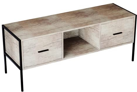 2-drawer TV unit industrial style with black metal legs.