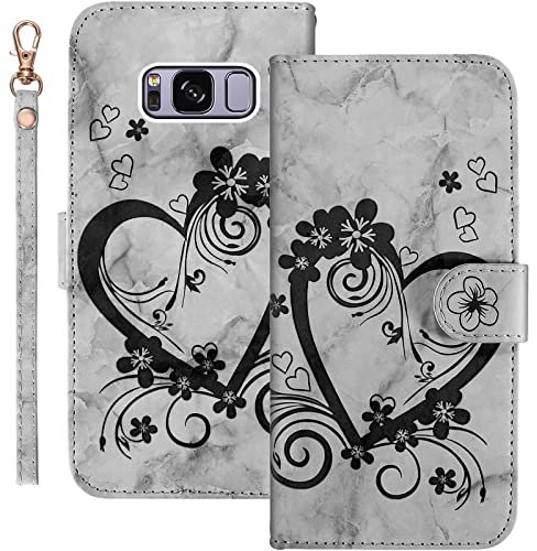 Jeffene Handyhülle für Samsung Galaxy S8+/Galaxy S8 Plus (6.2 Zoll) Hülle,Blume Liebe Herz Muster Marmor PU Leder Tasche Flip Case Cover Etui Brieftasche Schutzhülle Lederhülle Klapphülle-Schwarz