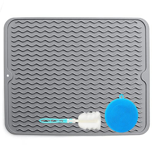 wyewye Draining Board Mats, Dish Drying Mat Silicone, Non-Slip Dish Drainer Draining Board Rack Mat, Heat Resistant Sink Mat for Kitchen Large 30x40 cm Grey