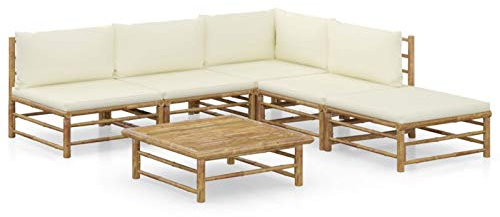 Gecheer 6-TLG. Gartenmöbel Set Bambus Gartengarnitur Outdoor Lounge Sofa Gartenlounge Set Gartensofa Set Sitzgruppe Terrassenmöbel Balkonmöbel Loungemöbel Gartenset mit Cremeweißen Kissen Bambus