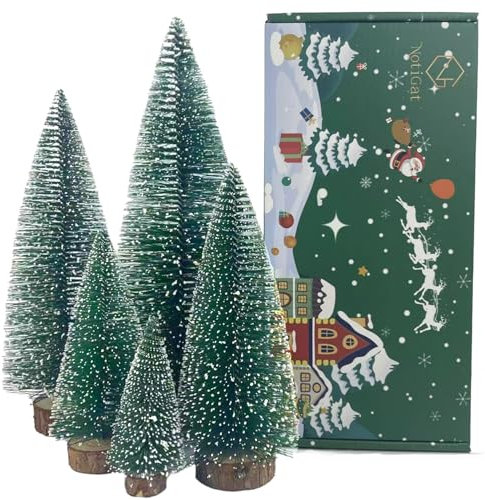 NotiGat 5pcs Small Christmas Tree Tabletop Decor Mini Christmas Trees for Decoration Wooden Xmas Bottle Brush Tree Christmas for Village Holiday Party(4/6/8/10/12 inch)