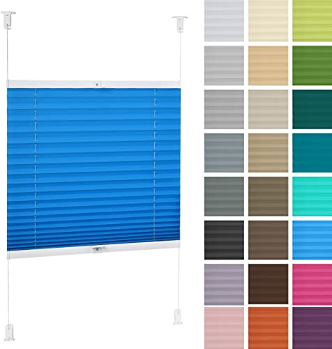DECOOR Plissee ohne Bohren 140cm x 100cm Faltrollo Rollo für Fenster und Tür Nicht-invasive Fensterjalousien guter Sichtschutz und Sonnenschutz Breite der Überlappung 2 cm Blau