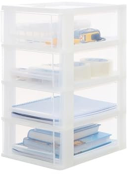 Iris Ohyama, Kunststoff Schubladenbox mit 4 flachen Schubladen, Mattweiß, Easy-Pull-System, A4, A5 & A6 Format, Schreibtisch Organizer für Büro, Schule, Schreibwaren, BPA-frei, Drawer, DDOCH-2004