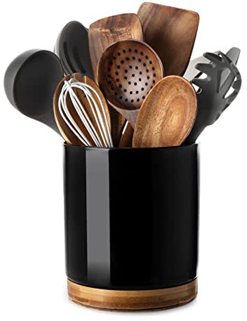 Nucookery 360° Rotating Utensil Holder, 7.2 Large Utensil Crock, White Ceramic Cooking Utensil Organizer with Countertop-Protection Cork Bottom for Farmhouse Kitchen Decor Gift (Black)