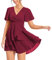PCEAIIH Women's Cocktail Dresses Short Sleeve Empire Skater Dress Deep V-Neck Waist Tie Ruffle Mini Swing Dresses M Wine Red