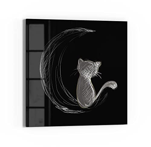 DEQORI Glasbild Echtglas | Motiv Die Katze und der Mond | quadratisch einteilig 30x30 cm | schöne Dekoration | Wandbild für Wohnzimmer, Schlafzimmer, Flur & Küche | moderne Wanddeko