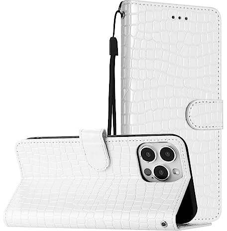 Leather Wallet Case Compatible for iPhone 12 Pro|iPhone 12 | Classic Crocodile Pattern Magnetic Flip Case | Built-in Kickstand Card Holder Wrist Strap Cover | White