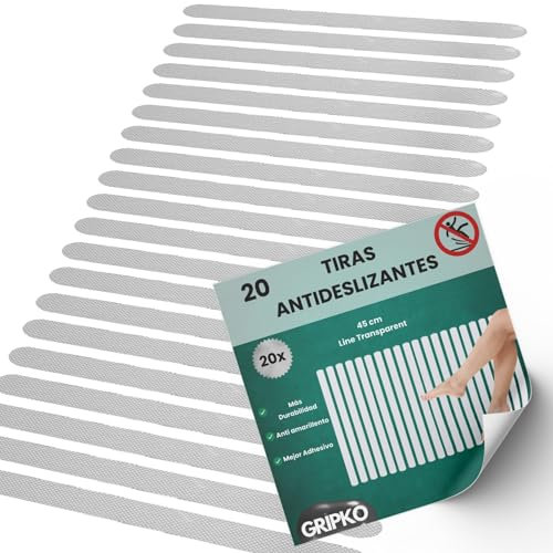 Gripko - 20 Pegatinas Antideslizantes Bañera Transparente - Antideslizante Ducha, Pegatinas Bañera Bebe y Mayores, Antiresbalante Adhesivo Mejorado, Baño Seguro - Tiras Invisibles - Recto 45cm