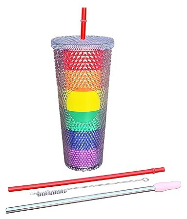 ThreeRs Reuse Recycle Reduce Studded Tumbler Cup with Straw Lid Double Walled for Ice Coffee Water Slush Smoothies Home Cinema Your Favourite Drinks 24OZ 710ml (Rainbow)
