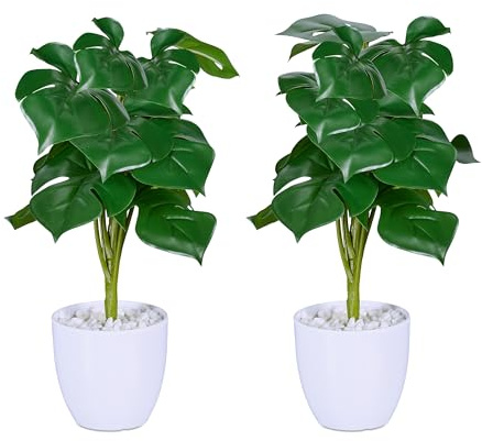 Relaxdays Kunstpflanze Monstera, 2er Set künstliche Pflanzen, im Topf, Plastikpflanzen, H x D: 33 x 20 cm, grün/weiß | im Topf, Plastikpflanzen, H x D: 33 x 20 cm