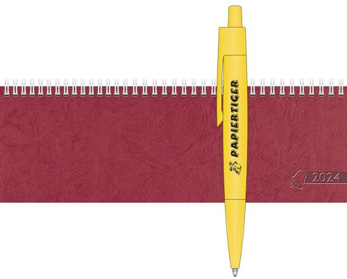 Papiertiger Wochenkalender 2024 | 1 Woche pro Seite | Anzeige aktuelle Kalenderwoche, Tageszahlen, Feiertage, Wochenenden - Einteilung Tag 8-18 Uhr | bordeux rot mit Stift