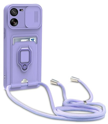 Dllatui Handyhülle Kompatibel mit Xiaomi Mi 13T/13T Pro Halsband Lanyard Silikonhülle,mit Kamera Schutz Schieber,Drehbarer Ständer mit Kartenfach Necklace Hülle (Lila)