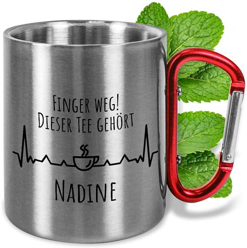 Lustiger Metall-Becher Edelstahl mit Karabiner ca. 330ml personalisiert „Finger weg!“ - Camping Tasse mit Namen - Outdoor Geschenke Männer & Frauen (Tee, Griff Rot)