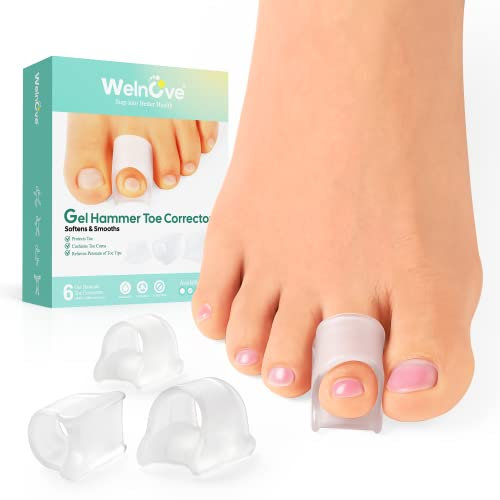 Welnove Hammertoe Corrector - 6 Pack Toe Splints - Soft Gel Toe Straighteners - Realign Bent, Curled, Crooked, Claw, Hammer Toes - Toe Corrector for Men and Women, Large(Transparency)