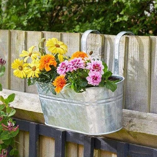 Marco Paul Metal Hanging Flower Pots, 35cm Over Fence Planters, Balcony Planters for Railing, Fence Hanging Planters with Hooks, Large Plant Pots for Balcony Fence Garden Home Decor