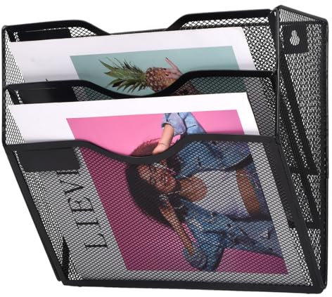 Amexo Organisateur De Porte-Fichiers Mural 3 Poches Mur Porte-Fichiers Porte-revue Mural de bureau Mur De Stockage Porte-revues Multifonctionnel en métal à Trois Compartiments, Noir