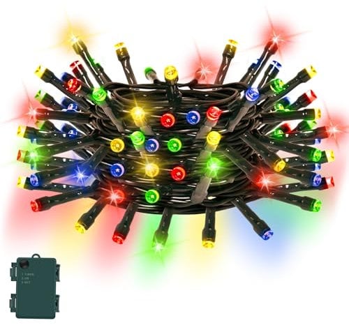 Gcstnn Battery Operated Christmas Lights, 5M/16.4Ft 50LED Outdoor Fairy Lights with 6h Timer,IP65 Waterproof String Lights On Green Cable,for Bedroom Xmas Tree,Garden,Indoor Decorations,Multicolor