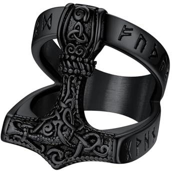 Supcare Anello Acciaio Uomo con Martello di Thor's, Anelli Vichighi Nero a Fascia con Nodo Celtico, Anello di Dichiarazione Vintage con MIsura 32,5 Circonferenza 72.3mm, Idee Regalo.