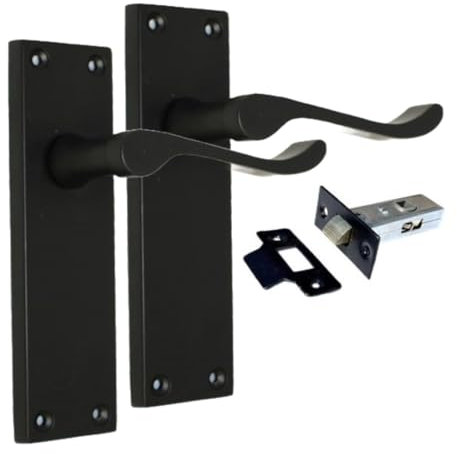 Matt Black Scroll Door Handle Set with Tubular Latches – Victorian Style Lever Handles for Internal & External Doors, Backplate Dimensions 150mm x 42mm (1 Pair of Handles + Tubular Latch)