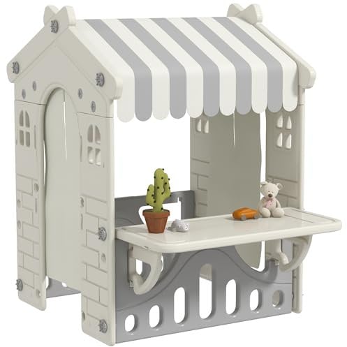 AIYAPLAY Casetta per Bambini da Interno con 4 Finestre, Porte ad Arco con Tende, Tetto e Bancone da Negozio, Casa da Gioco per Bambini da 1-6 Anni, in Plastica, Crema