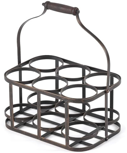 Metal Wine Bottle Carrier, 6 Bottle Wine Basket, Wine Caddy Rack with Wood Handle, Vintage Metal Wine Storage Basket Bottle Holder, Farmhouse Decorative Wine Display Stand for Bar BBQ Picnic Milk