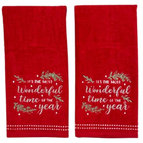 Christmas Bath Hand Towels, 16 x 25 inches, 100% Cotton, Set of 2, Red with Embroidered 'It's The Most Wonderful Time of The Year'