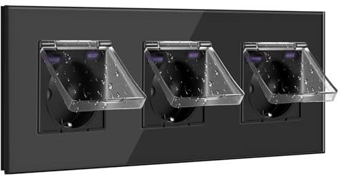 BSEED Schuko Steckdose 20W Schnellladegerät mit Wasserdichter Abdeckung,Dreifachsteckdose Unterputz mit USB C,Steckdosen Abdeckung 16Amp für Feuchträume,Outdoor&Indoor Verwendung,3 Fach Schwarz