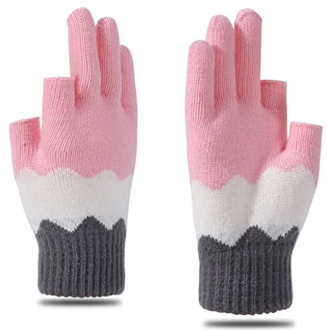 GMBYLBY Strickhandschuhe im Vintage-Stil, mit zwei Fingern, bedruckt, für Damen, dicker Handschuh, Winter, warm, Vollfinger, rose, M