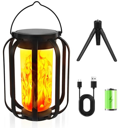 Kihhvlo Solarlaterne für Außen mit Realistischem Flammeneffekt – IP65 Wasserdicht & Winterfest Solar-Gartenleuchten für Terrasse, Wand, Tisch – Inkl. Standfuß & Hängeöse