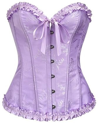 Corset Mujer Brocado Encaje Corsé y Cinta Ajustable Waist Bustier para Corsé para Mujer Con Cordones y Huesos de Plástico, Top Bustier Disfraz Mujer Sexy para Fiesta Navidad y Halloween (Purple-1, S)