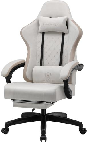 GTPLAYER Chaise de Gaming Ergonomique avec Surface en Tissu, Coussin de siège à Ressort, accoudoirs de Connexion et Repose-Pieds Beige/Marron