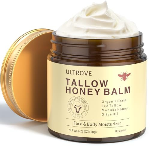 ULTROVE Beef Tallow and Honey Balm for Skin, Natural Face + Body Moisturizer with Organic Grass-Fed Beef Tallow & Raw Wild Honey for Dry & Sensitive Skin, 120g