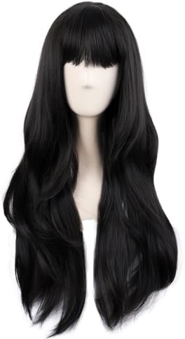 MapofBeauty 70 cm Glatt Pony Länge Wavy Cosplay Partys Perücke, Schwarz | 28 Zoll Synthetische Faser Perücke, Täglicher Gebrauch, Hitzebeständig