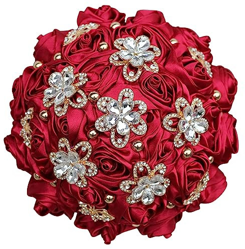 Nvzi Bouquet da sposa con rose artificiali in raso, con nastro di raso, per bouquet floreale, colore: rosso
