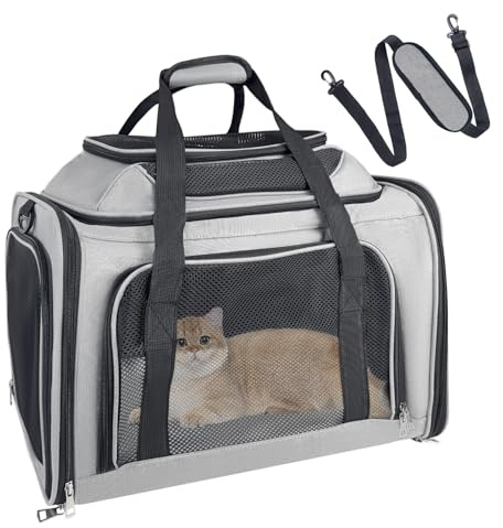 Lohofrnny Transporttasche für Katze Hund, Transportbox Katze bis zu 5 kg, Tragbar Faltbare hundetransportbox für Mittel Kleine Haustiere wie Kätzchen, Welpen, Kaninchen usw (Grau, 43x28x36cm)
