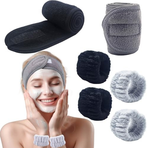 BTIYMU 6 Piezas Diadema Maquillaje Muñequeras Skincare Kit, Ajustable Cinta Pelo Maquillaje Diadema Facial Spa para Lavarse la Cara Desmaquillar Set Mujer Niña(Negro, Gris)