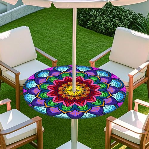 Odot Elastische Tischdecke Runde Outdoor mit Loch und Reißverschluss, Wasserdicht Abwaschbar Tischtuch Tischdecke Wetterfest Gartentischdecke für Sonnenschirm (Klassisches Bohemian 7,M:91-112cm)