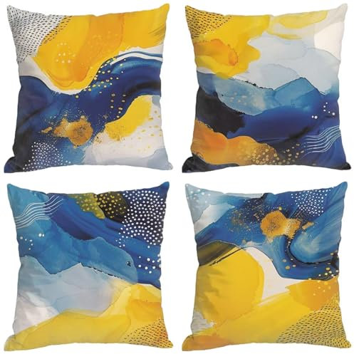 Kissenbezug 70X70 CM 4er Set Gelb Kissenbezüge Blau Super Weich Sofakissen Dekokissen mit Reißverschluss Gartenmöbel Couchkissen für Sofa Schlafzimmer Wohnzimmer Büro Auto Home Decor Geschenke H-M
